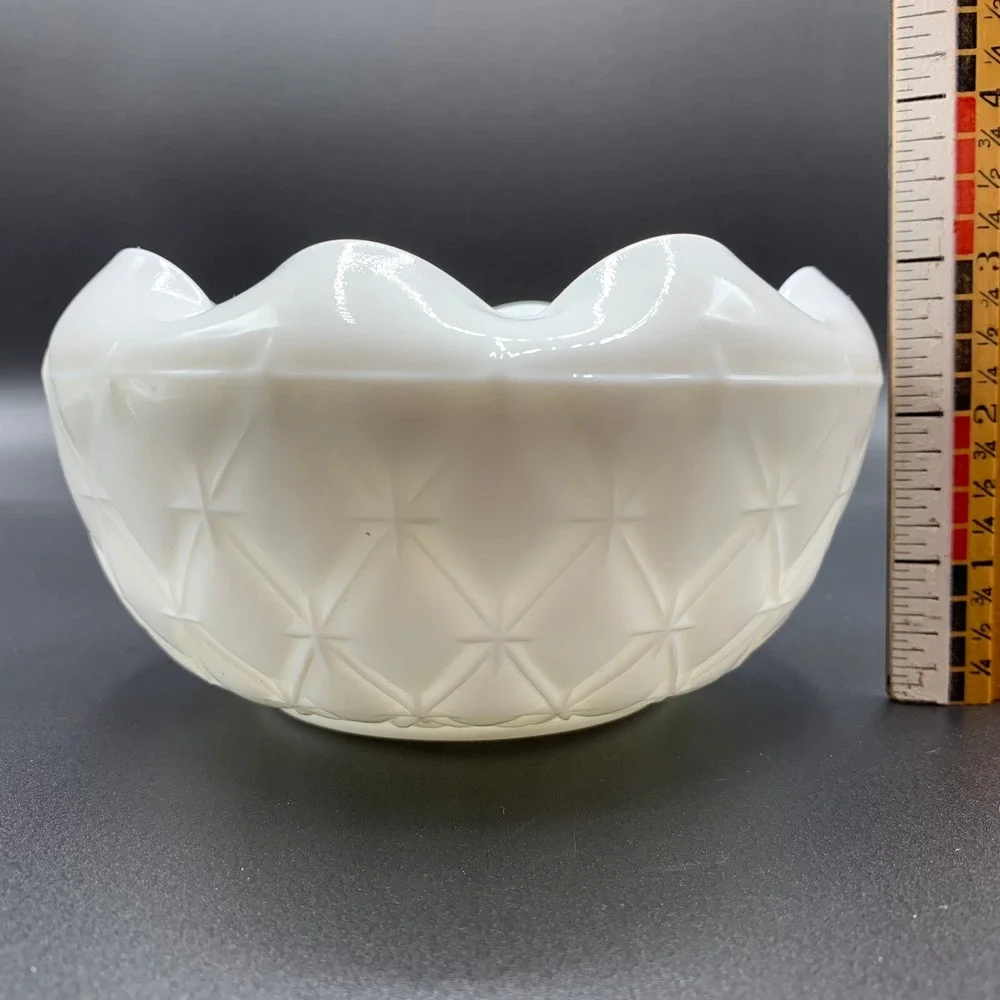 Indiana Rose Bowl White Milk Glass Duette Diamond Quilt Ruffle Edge Candy Dish
